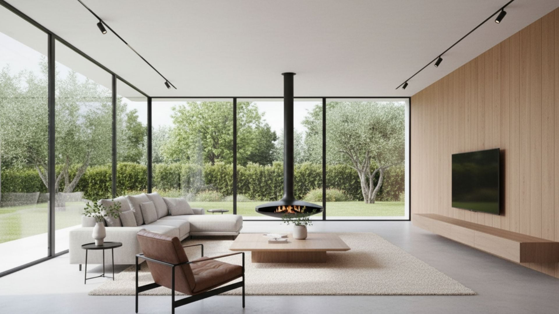 Suspended fireplace: how to integrate it into a modern living room